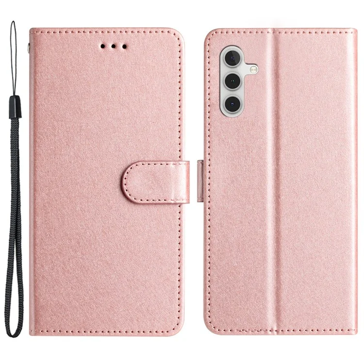 Funda Cartera Teléfono para Samsung Galaxy A34 5G, Textura de Seda Cuero PU Cubierta de Soporte con Correa de Mano Flip Case - Oro Rosa