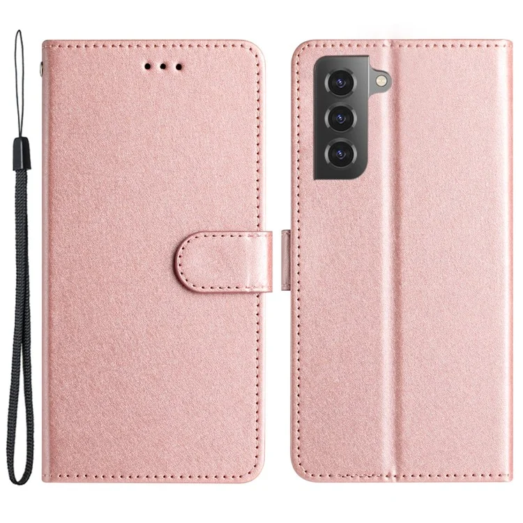 Para Samsung Galaxy S22 5G Silk Texture Shockproof Case PU Leather Wallet Flip Stand Cover - Rose Gold