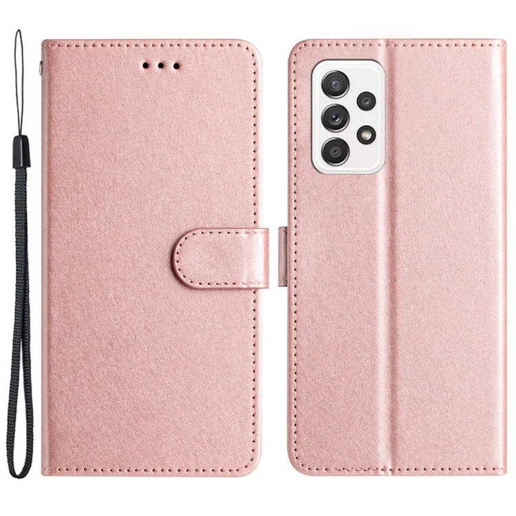 Для Samsung Galaxy A72 4G / 5G Folio Flip Stand Cover PU Leather Silk Texture Phone Wallet Case с ремешком для руки - Rose Gold