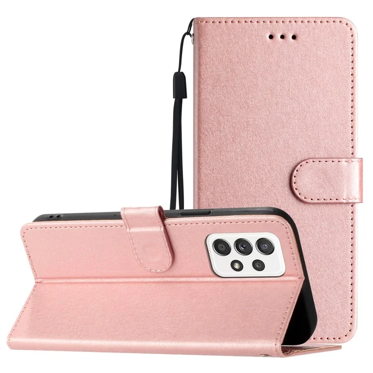 Para Samsung Galaxy A72 4G / 5g Folio Flip Tampa de Couro pu de Seda Textura de Seda Capa Com Alça de Mão - Rosa Ouro