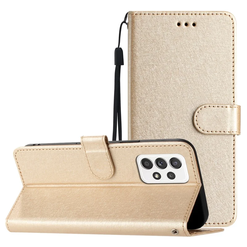 For Samsung Galaxy A53 5G Silk Texture Horizontal Stand Leather Cover Wallet Phone Case - Gold