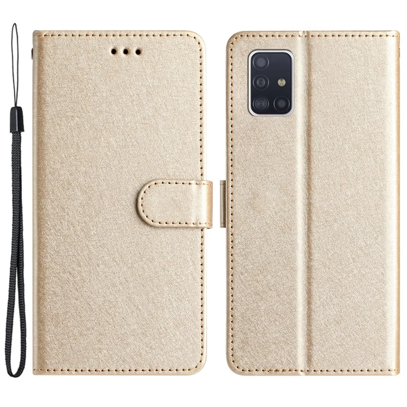 For Samsung Galaxy A51 4G SM-A515 Anti-drop Leather Phone Wallet Stand Cover Silk Texture Case with Hand Strap - Gold