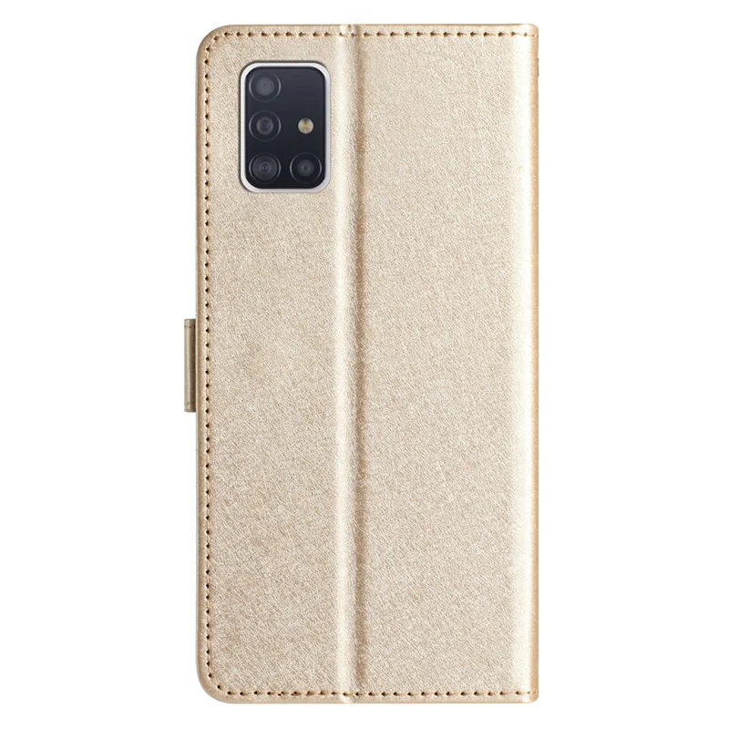 For Samsung Galaxy A51 4G SM-A515 Anti-drop Leather Phone Wallet Stand Cover Silk Texture Case with Hand Strap - Gold