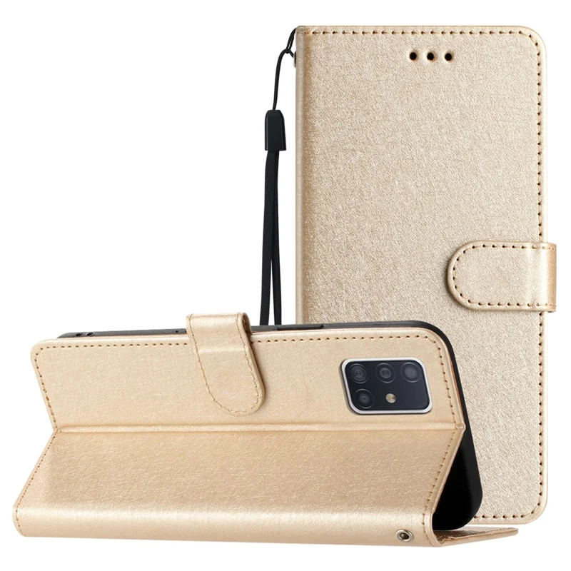 For Samsung Galaxy A51 4G SM-A515 Anti-drop Leather Phone Wallet Stand Cover Silk Texture Case with Hand Strap - Gold