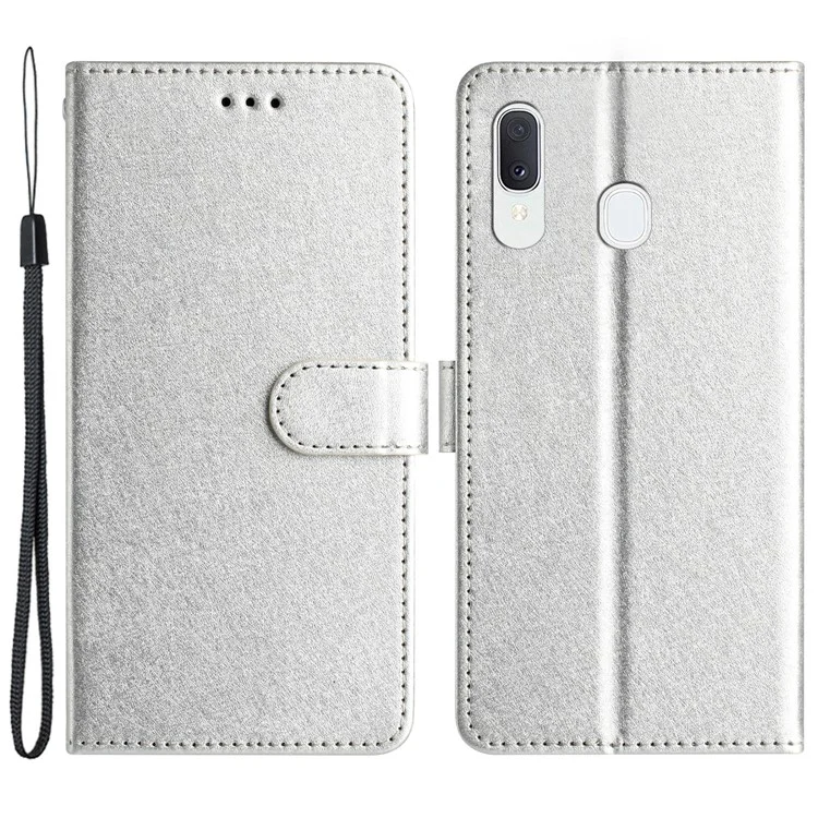 Pour Samsung Galaxy A40 Étui Portefeuille Support Téléphone Couverture de Texture de Soie Coque en Cuir PU avec Dragonne - Argent