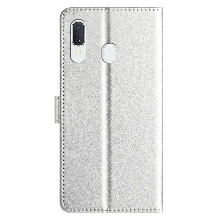 Pour Samsung Galaxy A40 Étui Portefeuille Support Téléphone Couverture de Texture de Soie Coque en Cuir PU avec Dragonne - Argent