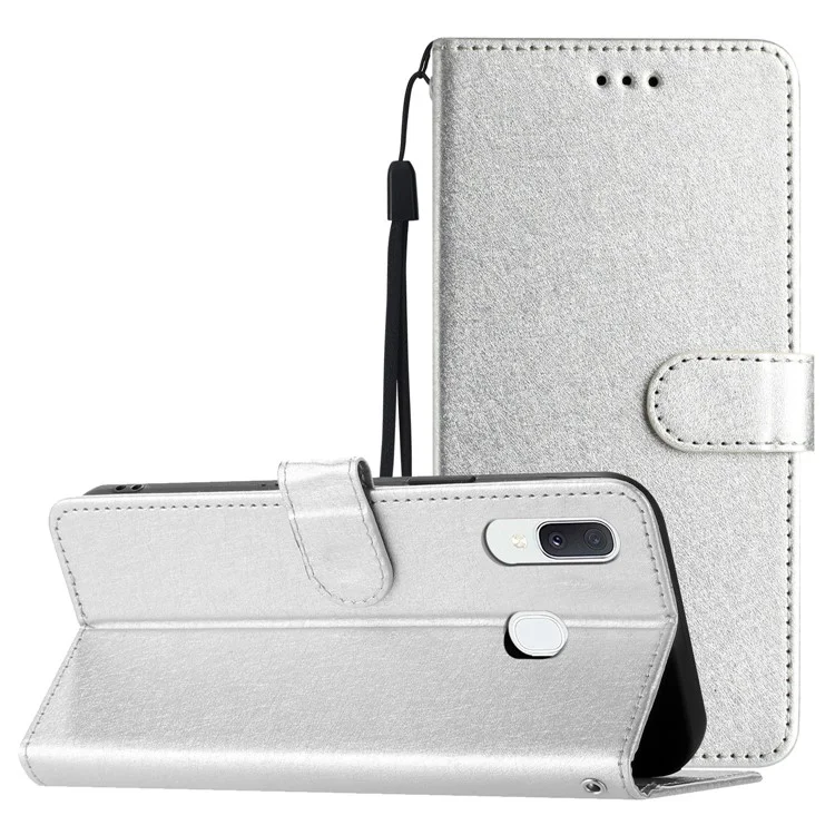 Pour Samsung Galaxy A40 Étui Portefeuille Support Téléphone Couverture de Texture de Soie Coque en Cuir PU avec Dragonne - Argent
