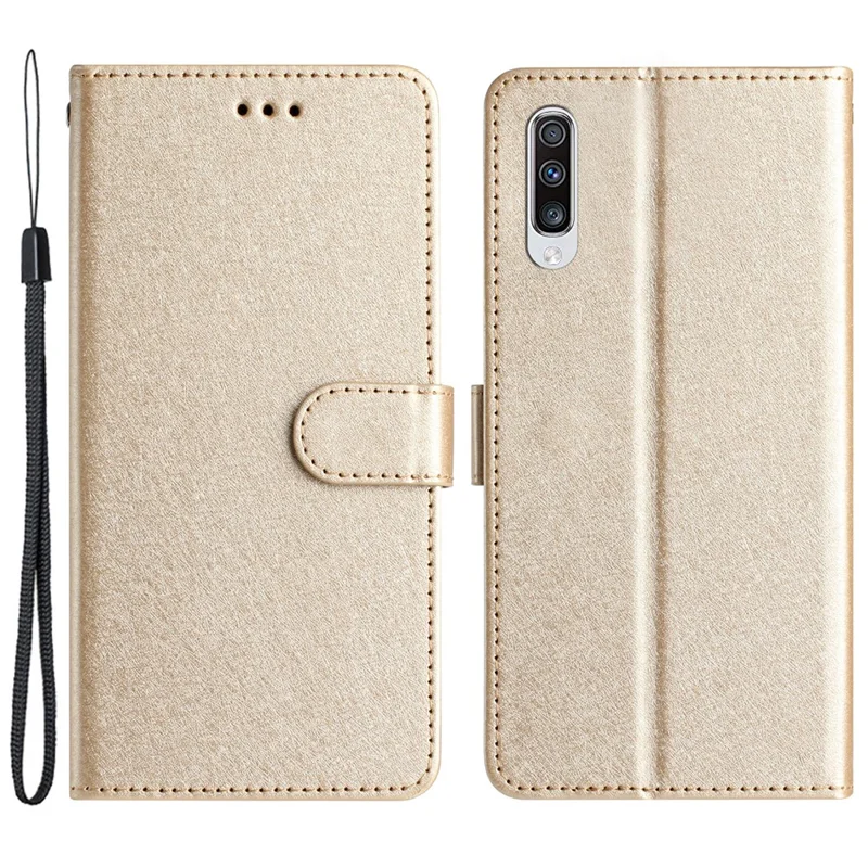 Silk Texture Shell for Samsung Galaxy A50 / A50s / A30s Phone Stand Cover Leather Wallet Case with Hand Strap - Gold