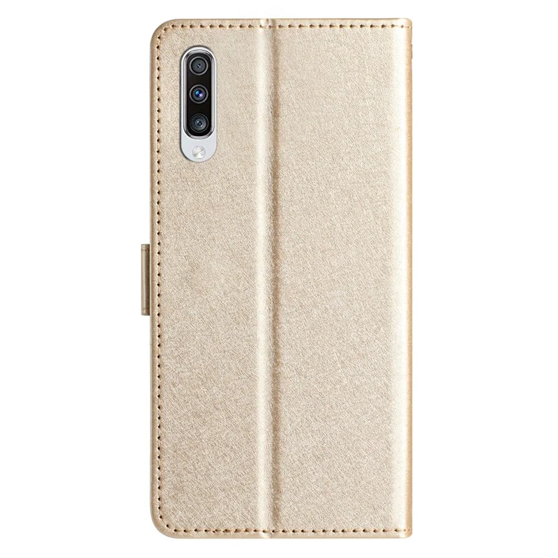 Silk Texture Shell for Samsung Galaxy A50 / A50s / A30s Phone Stand Cover Leather Wallet Case with Hand Strap - Gold