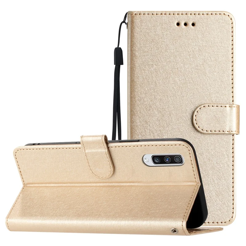 Silk Texture Shell for Samsung Galaxy A50 / A50s / A30s Phone Stand Cover Leather Wallet Case with Hand Strap - Gold