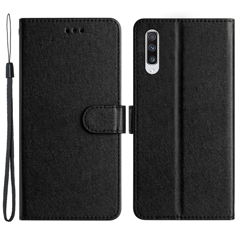 Coque texturée en soie pour Samsung Galaxy A50 / A50s / A30s Étui portefeuille en cuir avec support et dragonne - Noir