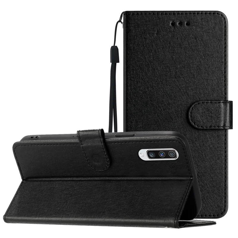 Coque texturée en soie pour Samsung Galaxy A50 / A50s / A30s Étui portefeuille en cuir avec support et dragonne - Noir