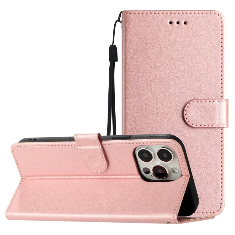 Capa de Telefone para iPhone 14 Pro Textura de Seda Capa Flip de Couro PU com Suporte em Carteira e Alça de Pulso - Ouro Rosa