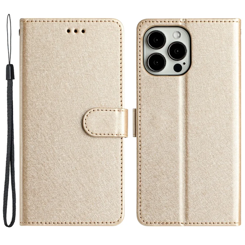 Phone Cover for iPhone 14 Pro Silk Texture Flip Case PU Leather Wallet Stand Shell with Wrist Strap - Gold