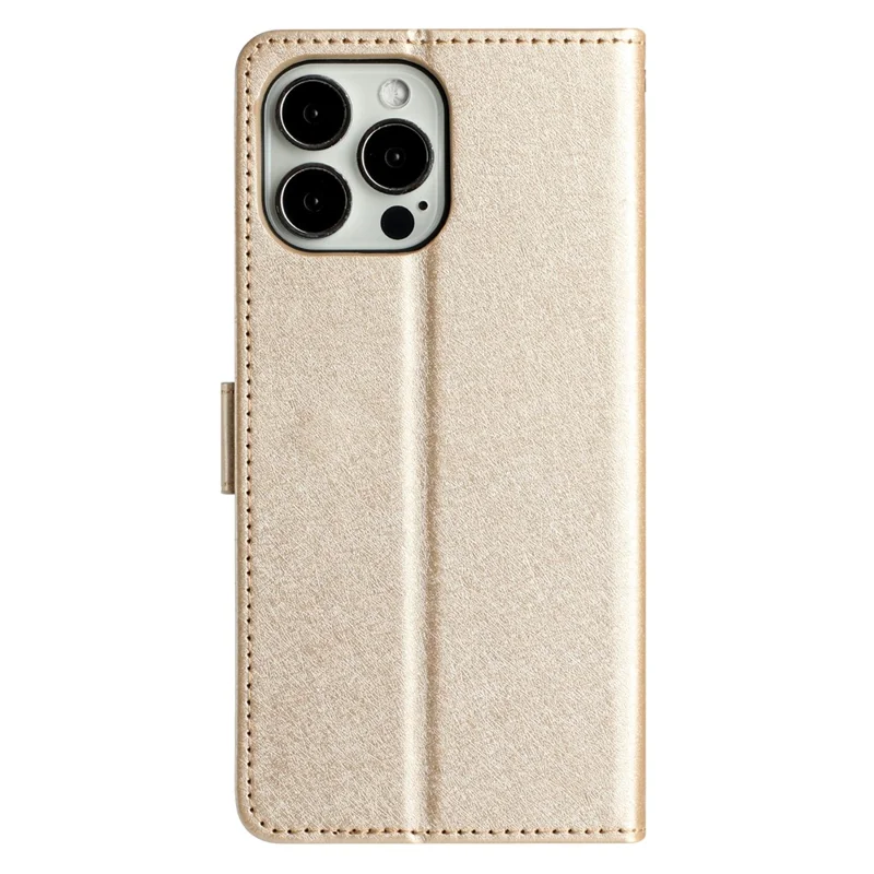 Phone Cover for iPhone 14 Pro Silk Texture Flip Case PU Leather Wallet Stand Shell with Wrist Strap - Gold
