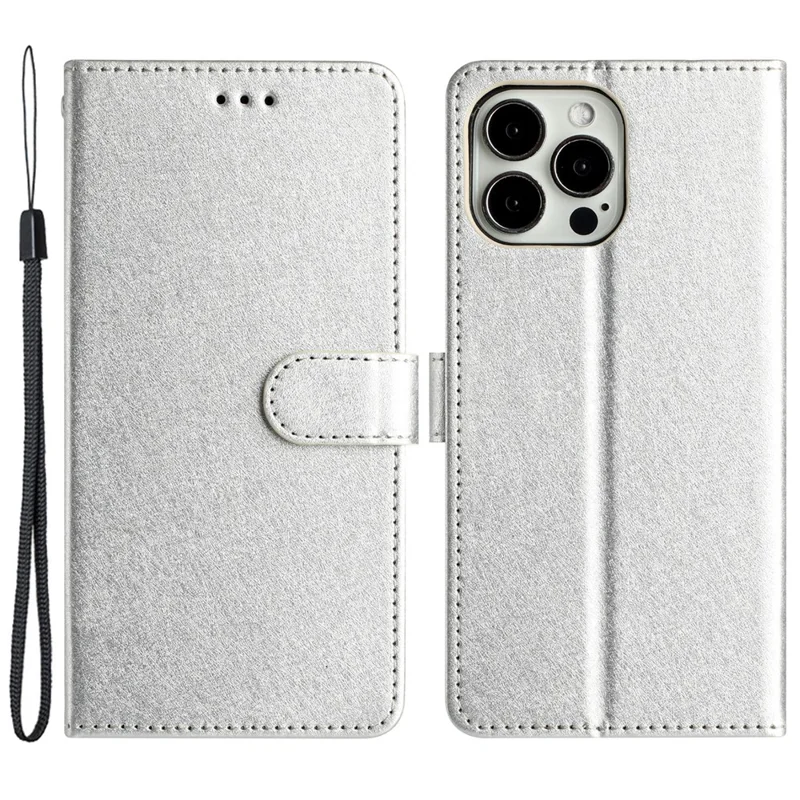 Phone Cover for iPhone 14 Pro Silk Texture Flip Case PU Leather Wallet Stand Shell with Wrist Strap - Silver
