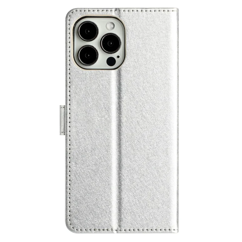 Phone Cover for iPhone 14 Pro Silk Texture Flip Case PU Leather Wallet Stand Shell with Wrist Strap - Silver