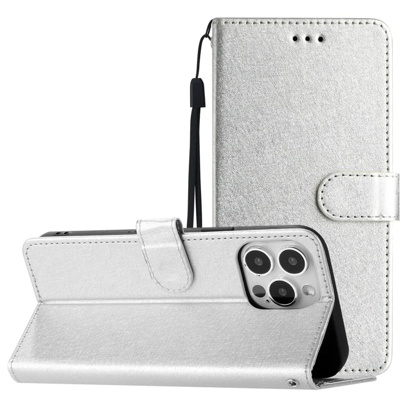 Phone Cover for iPhone 14 Pro Silk Texture Flip Case PU Leather Wallet Stand Shell with Wrist Strap - Silver