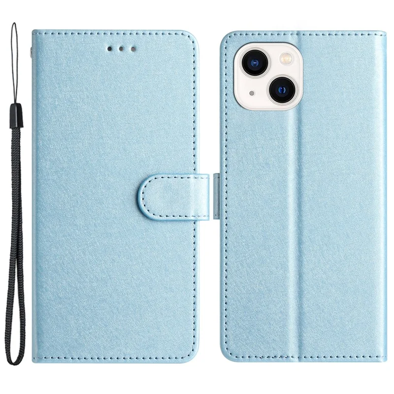 Flip Case for iPhone 13 mini 5.4 inch Silk Texture PU Leather Phone Cover Wallet Stand with Wrist Strap - Sky Blue