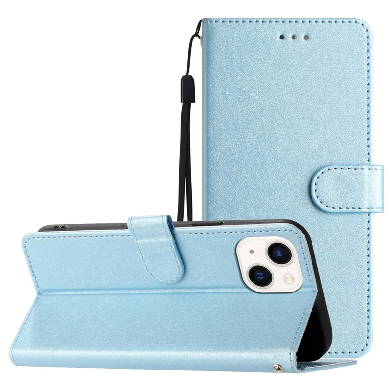 Flip Case for iPhone 13 mini 5.4 inch Silk Texture PU Leather Phone Cover Wallet Stand with Wrist Strap - Sky Blue