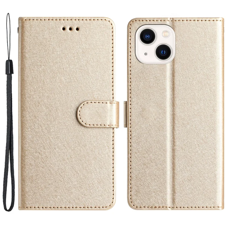Flip Case for iPhone 13 mini 5.4 inch Silk Texture PU Leather Phone Cover Wallet Stand with Wrist Strap - Gold
