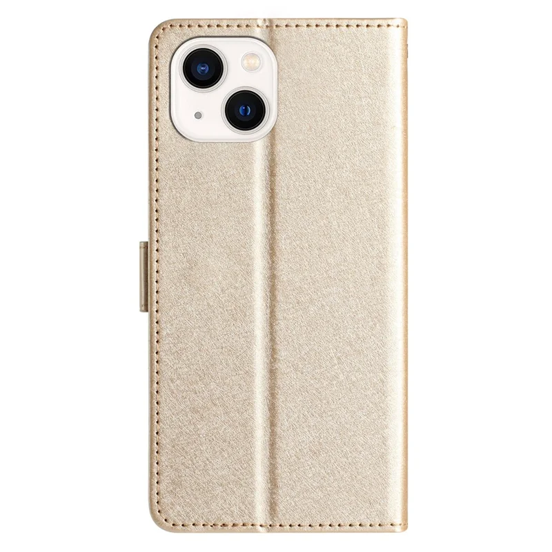 Flip Case for iPhone 13 mini 5.4 inch Silk Texture PU Leather Phone Cover Wallet Stand with Wrist Strap - Gold