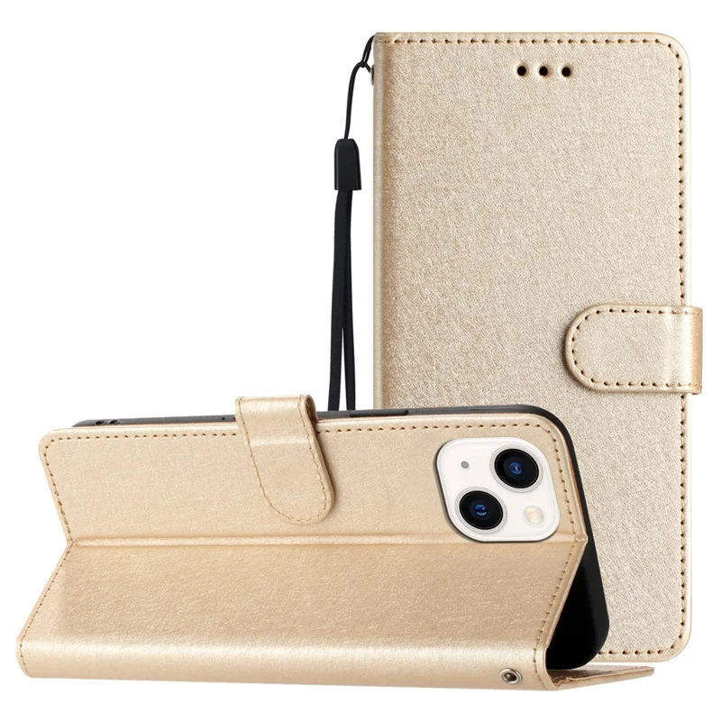 Flip Case for iPhone 13 mini 5.4 inch Silk Texture PU Leather Phone Cover Wallet Stand with Wrist Strap - Gold