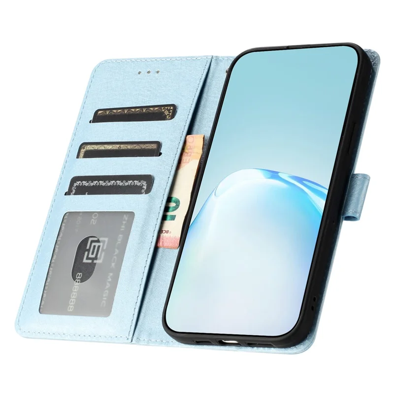 Telefon stående dæksel til iPhone 13 Pro Max 6,7 tommer PU Læder Silkestruktur Wallet Case med Håndledsrem - Himmeblå