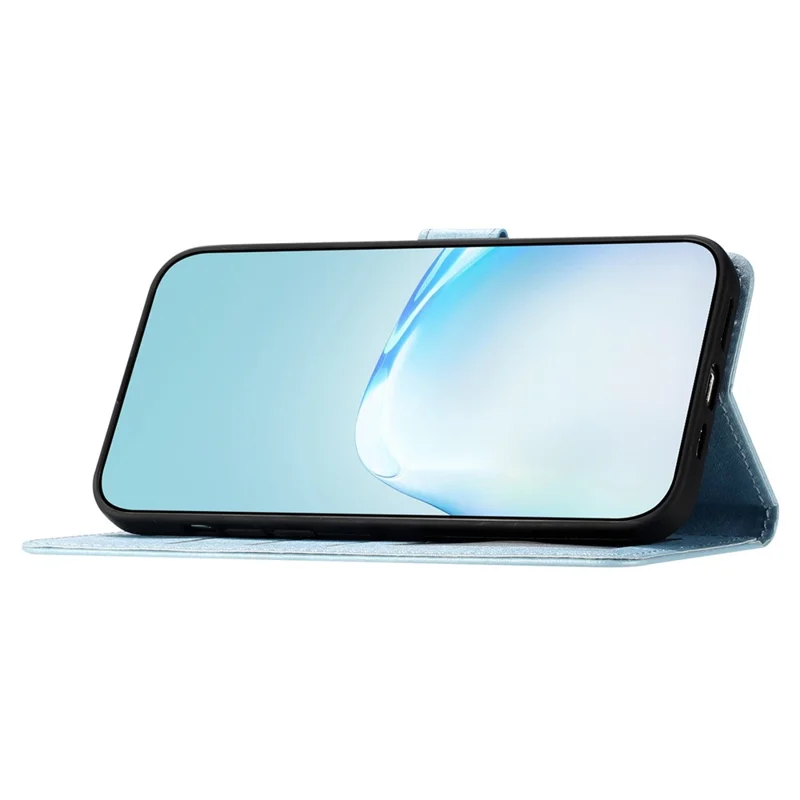 Telefon stående dæksel til iPhone 13 Pro Max 6,7 tommer PU Læder Silkestruktur Wallet Case med Håndledsrem - Himmeblå