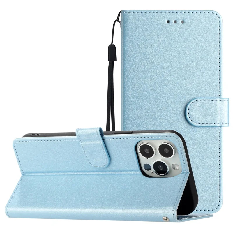 Telefon stående dæksel til iPhone 13 Pro Max 6,7 tommer PU Læder Silkestruktur Wallet Case med Håndledsrem - Himmeblå