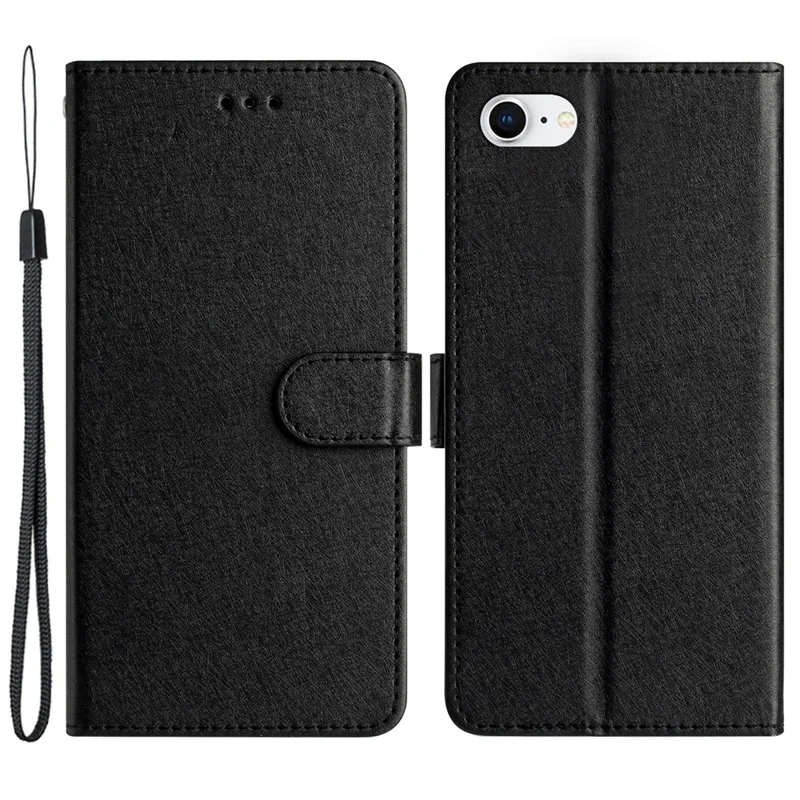 For iPhone 6 / 6s / 7 / 8 / SE (2020) / SE (2022) Phone Stand PU Leather Cover Silk Texture Wallet Case with Wrist Strap - Black