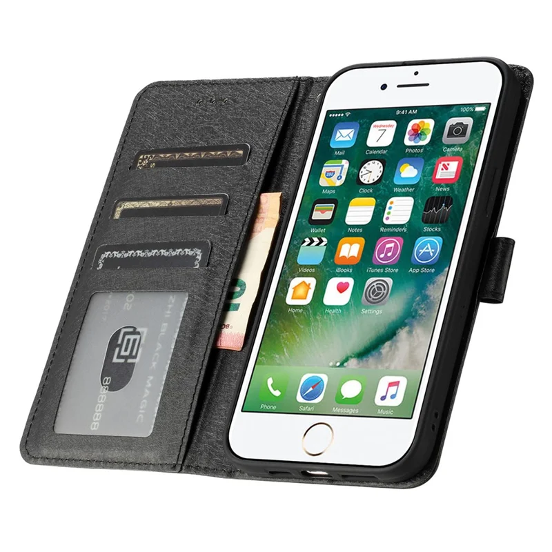 For iPhone 6 / 6s / 7 / 8 / SE (2020) / SE (2022) Phone Stand PU Leather Cover Silk Texture Wallet Case with Wrist Strap - Black