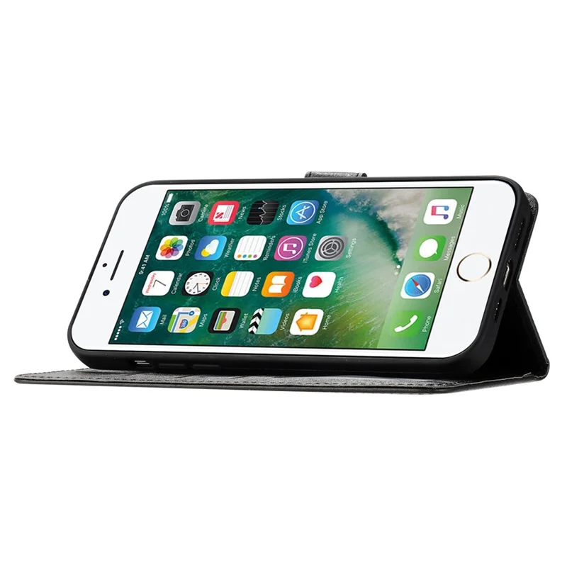 For iPhone 6 / 6s / 7 / 8 / SE (2020) / SE (2022) Phone Stand PU Leather Cover Silk Texture Wallet Case with Wrist Strap - Black