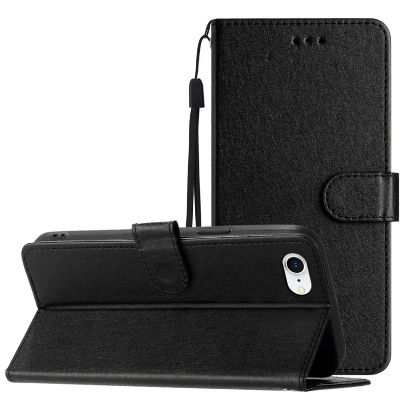 For iPhone 6 / 6s / 7 / 8 / SE (2020) / SE (2022) Phone Stand PU Leather Cover Silk Texture Wallet Case with Wrist Strap - Black