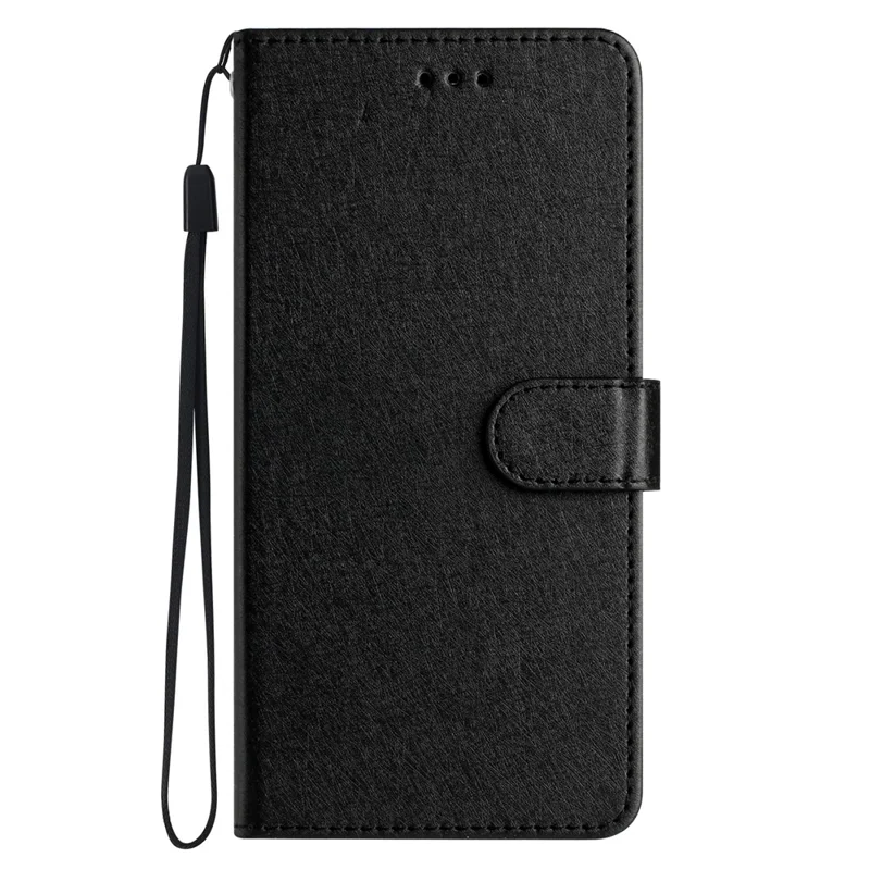 For iPhone 6 / 6s / 7 / 8 / SE (2020) / SE (2022) Phone Stand PU Leather Cover Silk Texture Wallet Case with Wrist Strap - Black