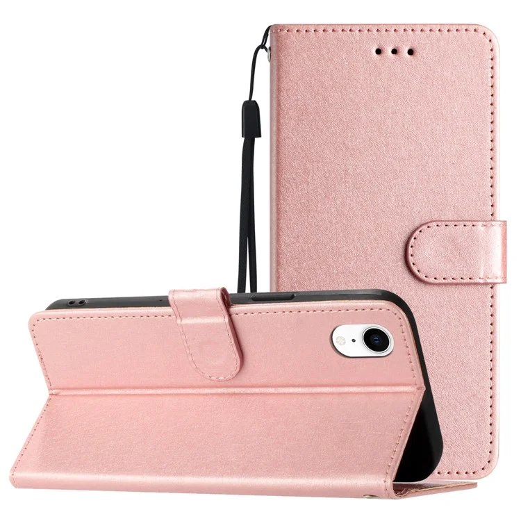 Funda de cartera para iPhone XR de 6,1 pulgadas, textura de seda, funda de piel PU con soporte para teléfono y correa para la muñeca - Oro Rosa