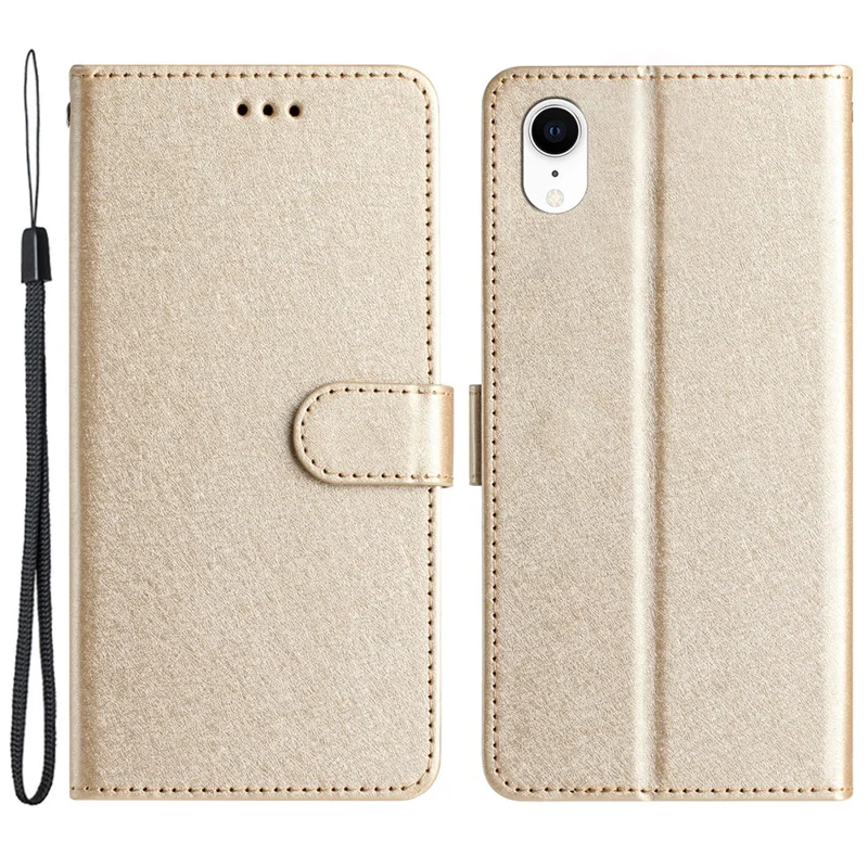 Custodia a portafoglio per iPhone XR 6.1 pollici, in pelle PU con texture seta, cover con supporto e cinturino da polso - Oro