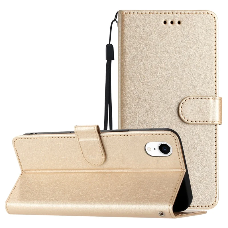Custodia a portafoglio per iPhone XR 6.1 pollici, in pelle PU con texture seta, cover con supporto e cinturino da polso - Oro
