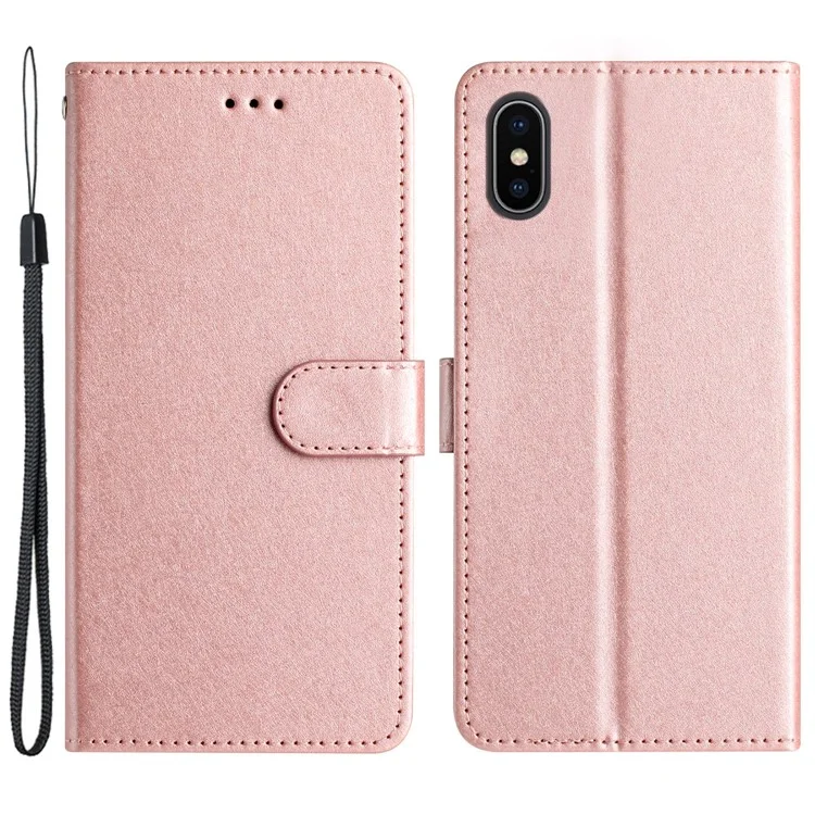 Shockproof Case for iPhone XS Max 6.5 inch Silk Texture Wallet Phone Stand PU Leather Cover with Wrist Strap - Rose Gold