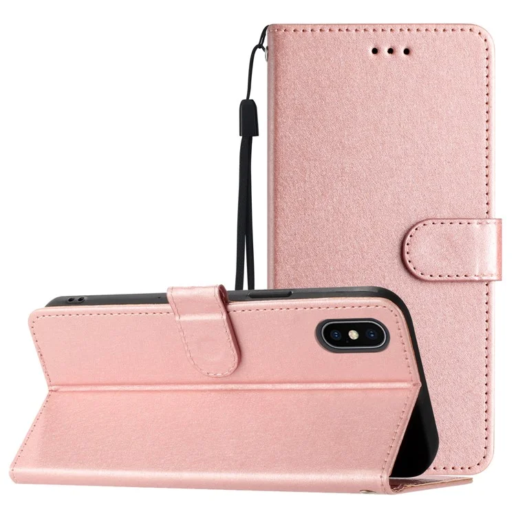 Shockproof Case for iPhone XS Max 6.5 inch Silk Texture Wallet Phone Stand PU Leather Cover with Wrist Strap - Rose Gold