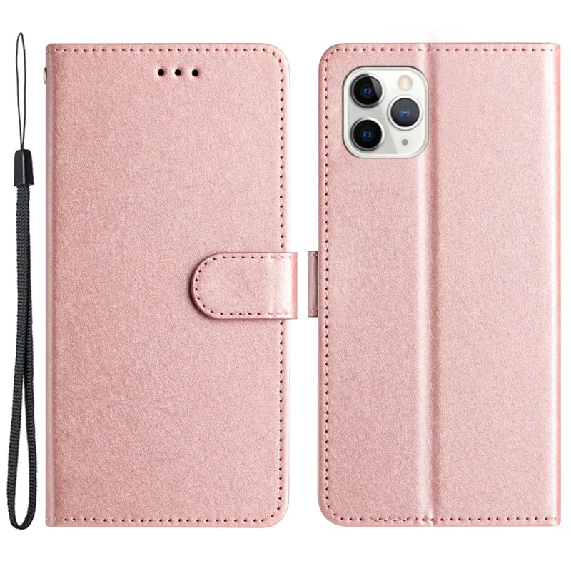 Shockproof Case for iPhone 11 Pro Silk Texture PU Leather Wallet Phone Foldable Stand Cover with Wrist Strap - Rose Gold