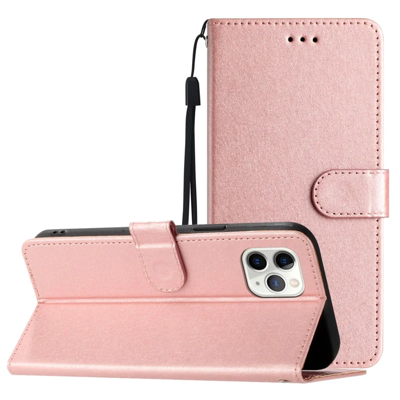 Shockproof Case for iPhone 11 Pro Silk Texture PU Leather Wallet Phone Foldable Stand Cover with Wrist Strap - Rose Gold