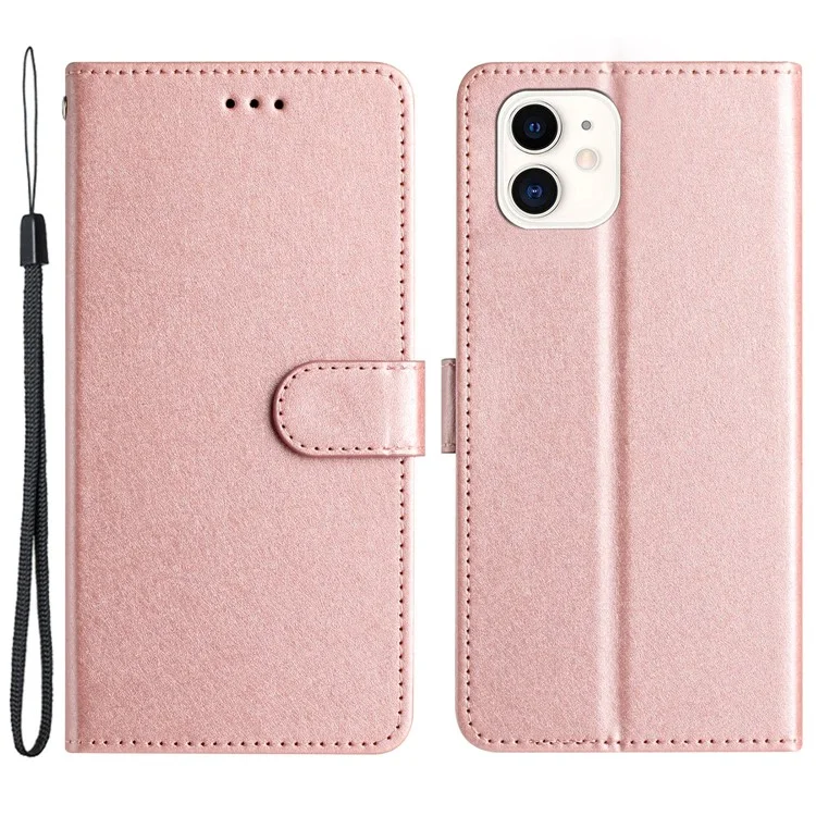 Anti-scratch Case for iPhone 11 Silk Texture PU Leather Wallet Phone Stand Cover with Wrist Strap - Rose Gold