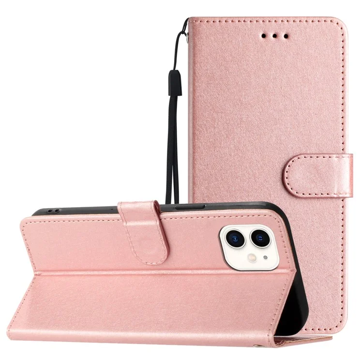 Anti-scratch Case for iPhone 11 Silk Texture PU Leather Wallet Phone Stand Cover with Wrist Strap - Rose Gold