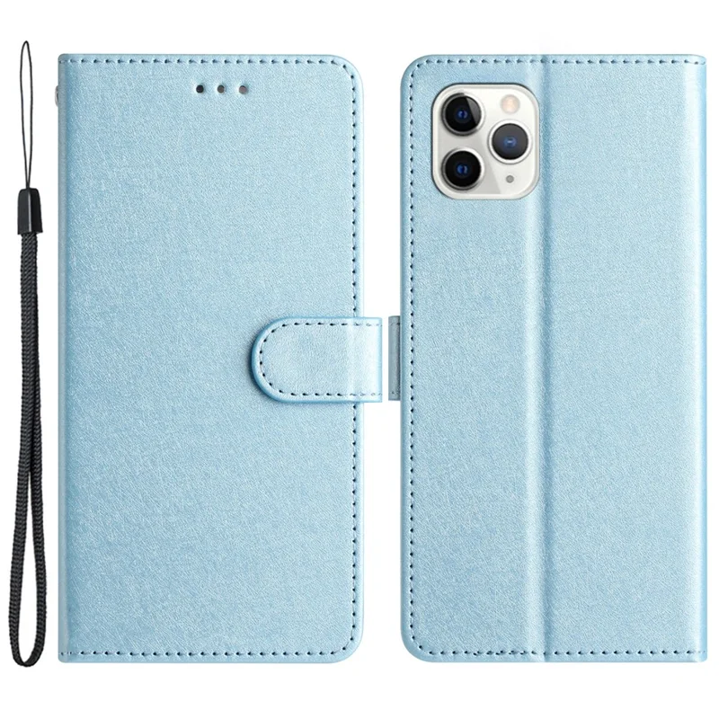 Flip Case for iPhone 11 Pro Max Silk Texture PU Leather Wallet Phone Foldable Stand Cover with Wrist Strap - Sky Blue