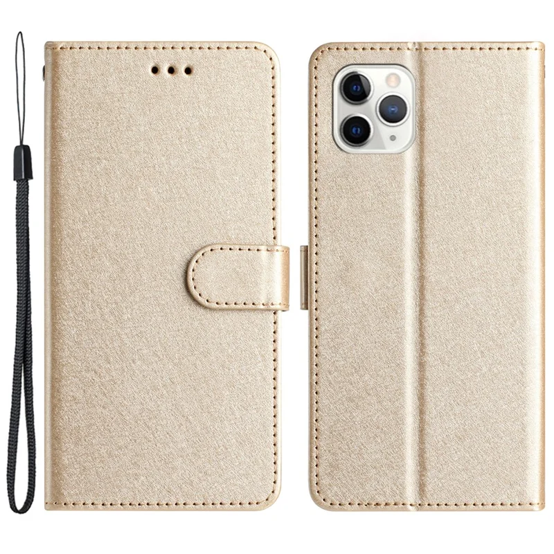 Flip Case for iPhone 11 Pro Max Silk Texture PU Leather Wallet Phone Foldable Stand Cover with Wrist Strap - Gold