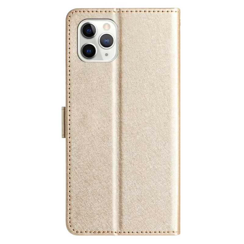Flip Case for iPhone 11 Pro Max Silk Texture PU Leather Wallet Phone Foldable Stand Cover with Wrist Strap - Gold