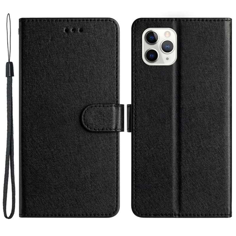 Flip Case for iPhone 11 Pro Max Silk Texture PU Leather Wallet Phone Foldable Stand Cover with Wrist Strap - Black