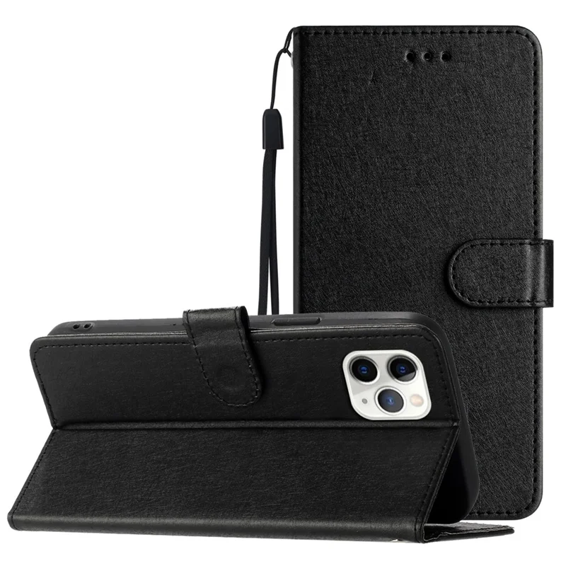 Flip Case for iPhone 11 Pro Max Silk Texture PU Leather Wallet Phone Foldable Stand Cover with Wrist Strap - Black