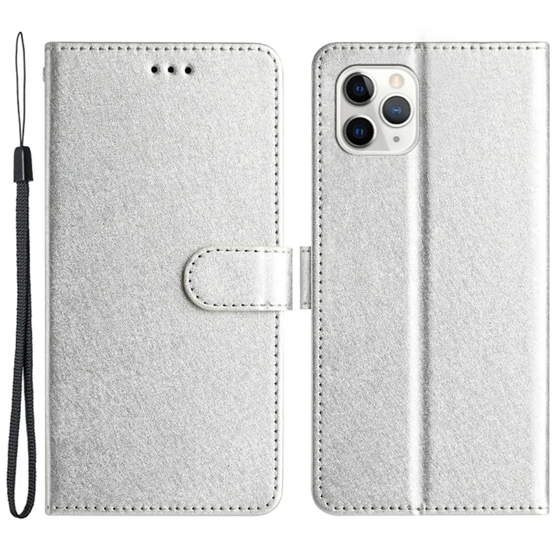 Flip Case for iPhone 11 Pro Max Silk Texture PU Leather Wallet Phone Foldable Stand Cover with Wrist Strap - Silver